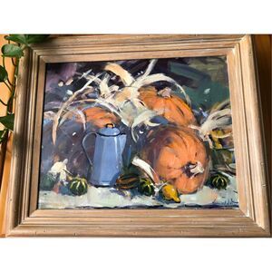 “Autumn Harvest Oil Painting – Signed Van Wall Still Life, Pumpkins & Gourds,